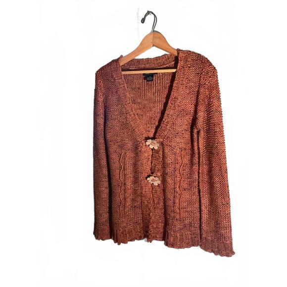 BCBG Maxazria Rust Orange Knit Cardigan Sweater with Wooden Floral Buttons M - Picture 1 of 8